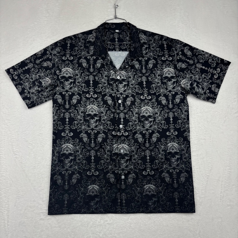 Mens Skull Damask Floral Print Short Sleeve Button Down Shirt Black Grey Large
